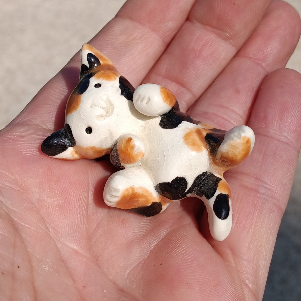Miniature Clay Calico Cat Kitten Laying Figurine
